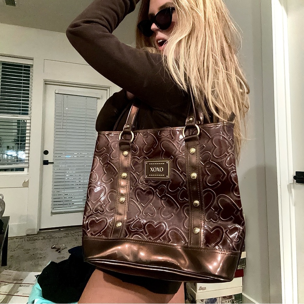 XOXO Metallic Bronze Heart Embossed Tote Bag Y2K